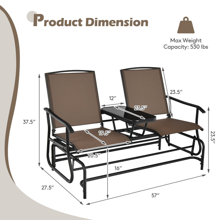 2-Person Double Rocking Loveseat with Mesh Fabric and Center Tempered Glass Table-Brown