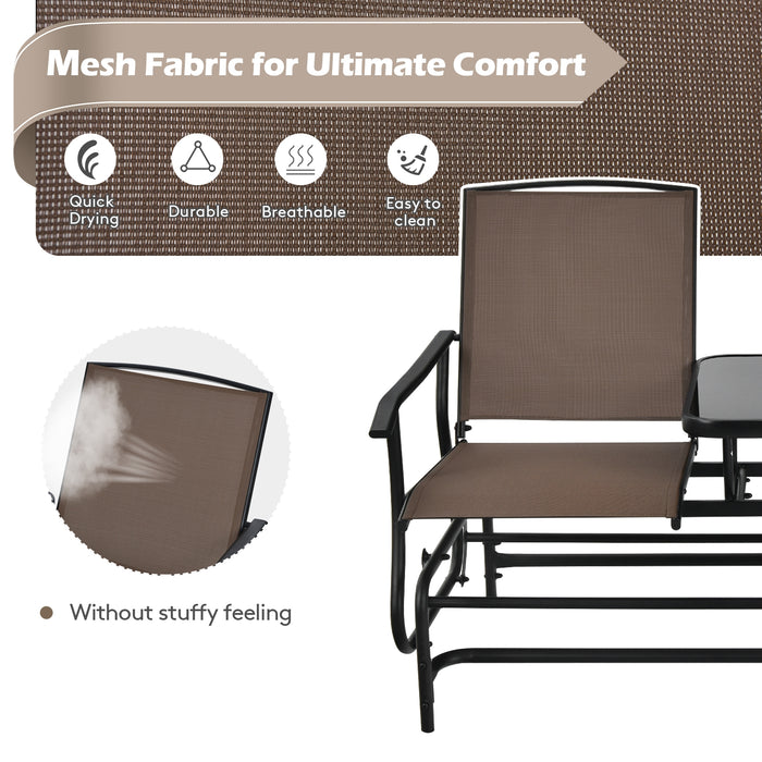 2-Person Double Rocking Loveseat with Mesh Fabric and Center Tempered Glass Table-Brown