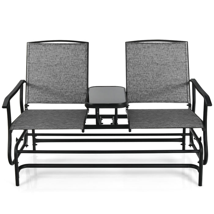 2-Person Double Rocking Loveseat with Mesh Fabric and Center Tempered Glass Table-Gray