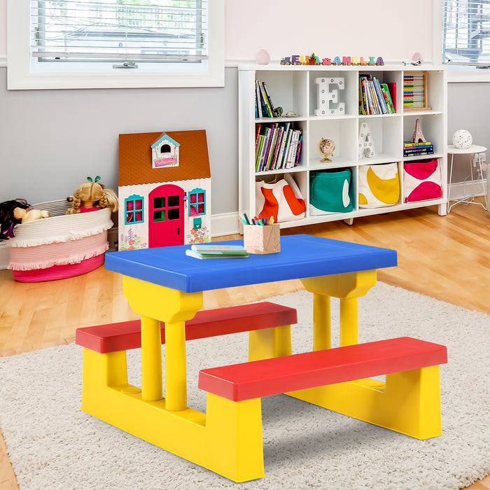 Kids Picnic Folding Table and Bench with Umbrella-Yellow