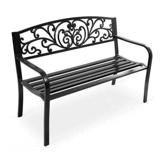 50 Inch Patio Park Steel Frame Cast Iron Backrest Bench Porch Chair