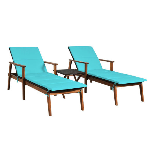 3 Pieces Portable Patio Cushioned Rattan Lounge Chair Set with Folding Table-Turquoise