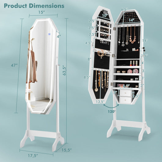 Standing Jewelry Cabinet Armoire Organizer LED Light Mirror Lockable White