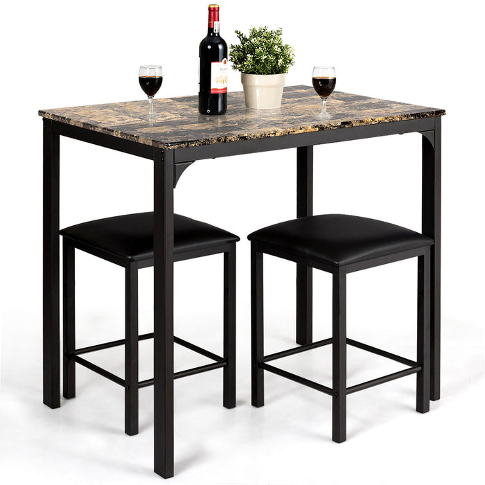 3 Piece Counter Height Dining Set Faux Marble Table-Brown