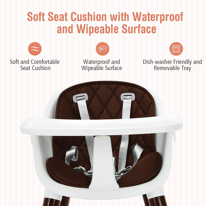 3-In-1 Adjustable Baby High Chair with Soft Seat Cushion for Toddlers-Brown