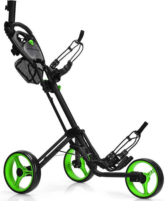 Folding 3 Wheels Golf Push Cart with Brake Scoreboard Adjustable Handle-Green