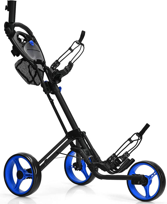 Folding 3 Wheels Golf Push Cart with Brake Scoreboard Adjustable Handle-Blue