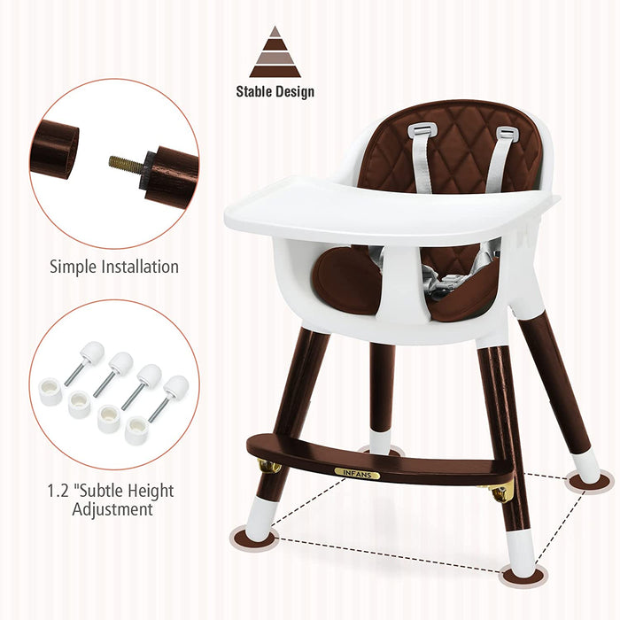 3-In-1 Adjustable Baby High Chair with Soft Seat Cushion for Toddlers-Brown