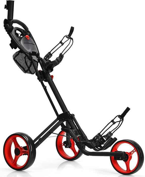 Folding 3 Wheels Golf Push Cart with Brake Scoreboard Adjustable Handle-Red