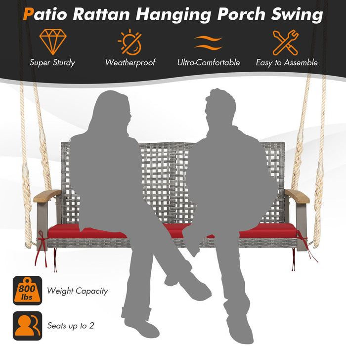 2-Person Patio Wicker Hanging Swing Chair-Red