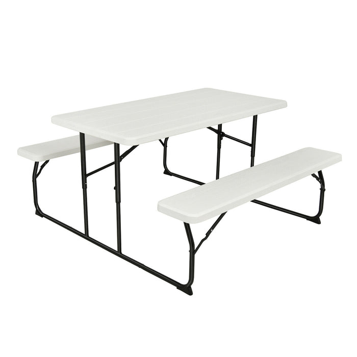 Indoor and Outdoor Folding Picnic Table Bench Set with Wood-like Texture-White