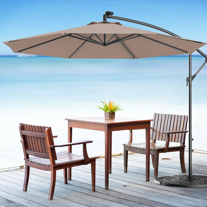 10 Feet Patio Hanging Solar LED Umbrella Sun Shade with Cross Base-Tan