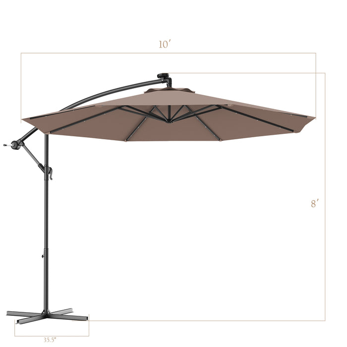 10 Feet Patio Hanging Solar LED Umbrella Sun Shade with Cross Base-Tan