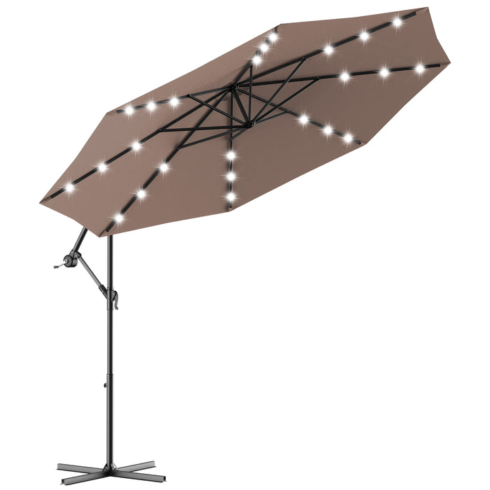 10 Feet Patio Hanging Solar LED Umbrella Sun Shade with Cross Base-Tan