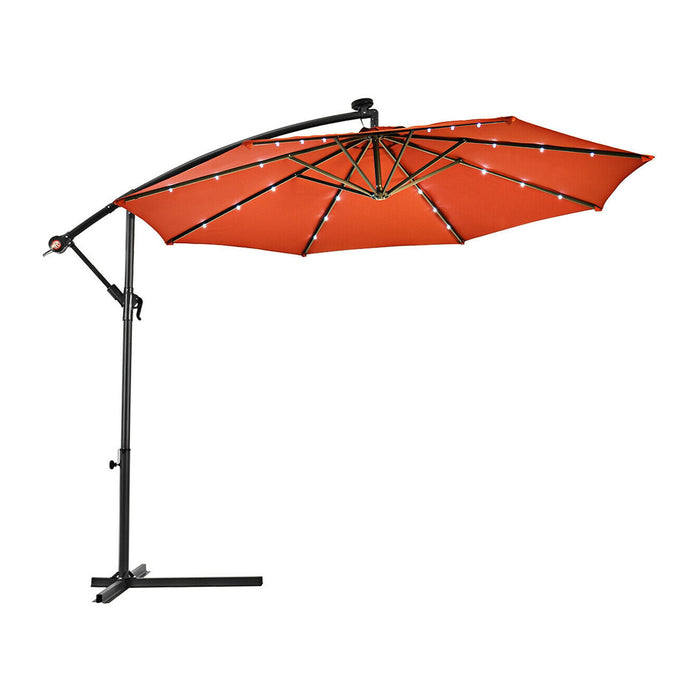 10 Inch Patio Hanging Solar LED Umbrella Sun Shade with Cross Base-Orange