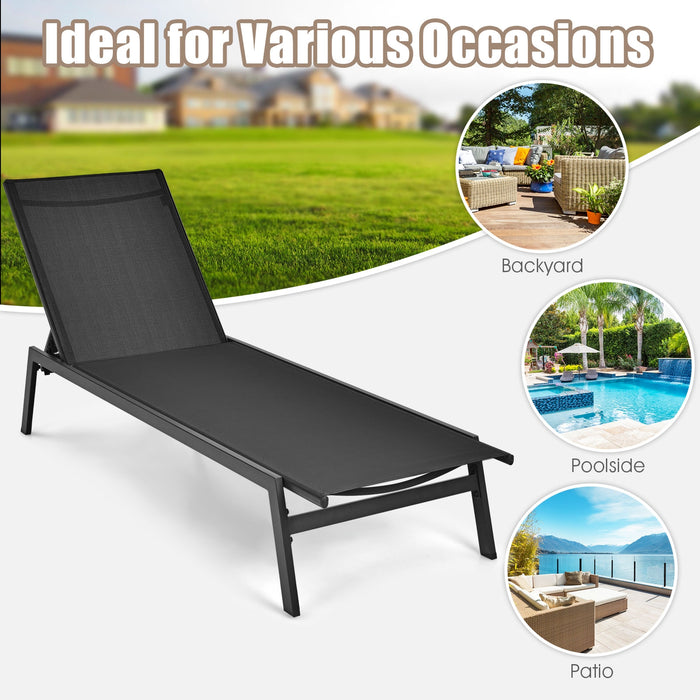 Outdoor Reclining Chaise Lounge Chair with 6-Position Adjustable Back-Black