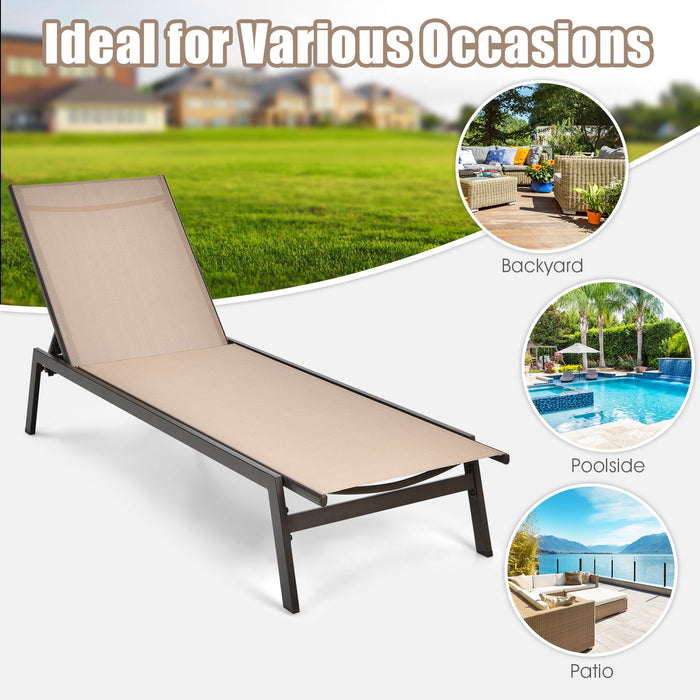 Outdoor Reclining Chaise Lounge Chair with 6-Position Adjustable Back-Brown