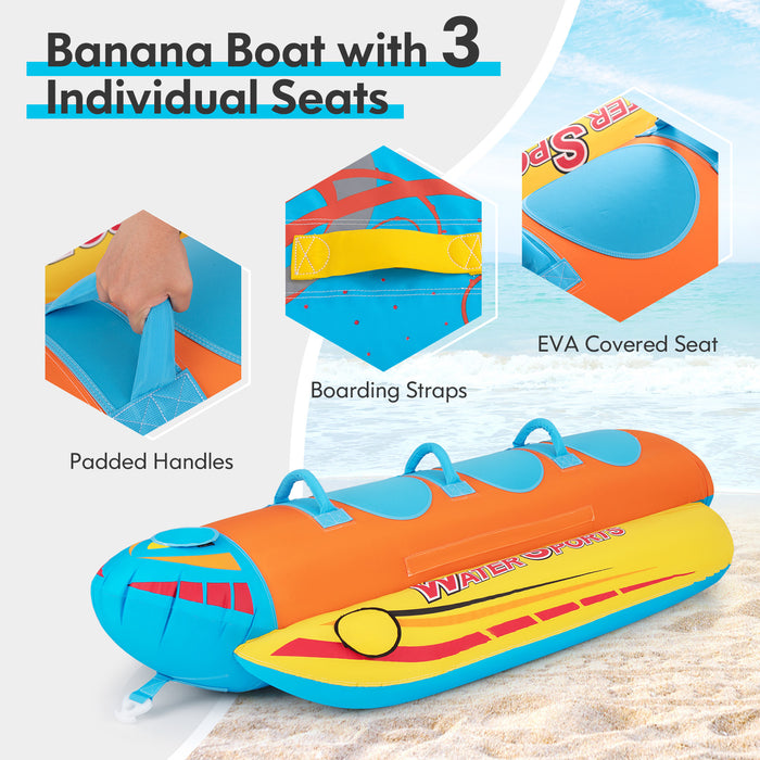 3-Person Inflatable Banana Boat with 3 EVA-padded Seats and Handles