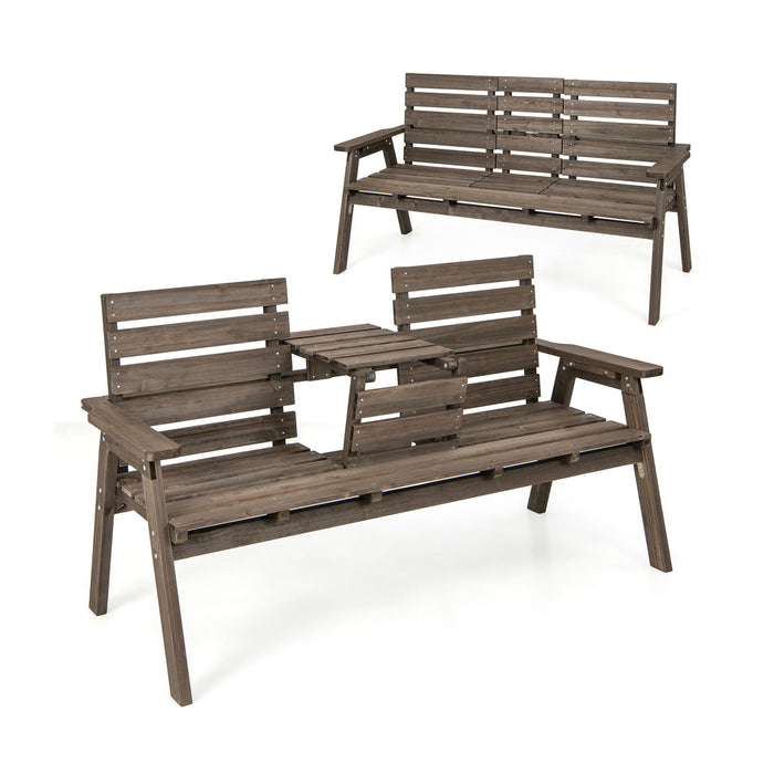 Outdoor Fir Wood Bench with Foldable Middle Table-Gray