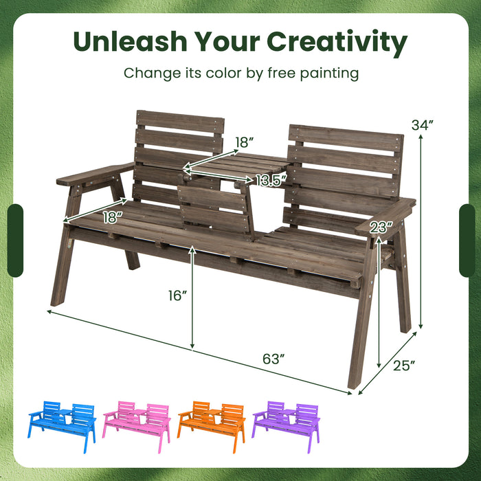 Outdoor Fir Wood Bench with Foldable Middle Table-Gray