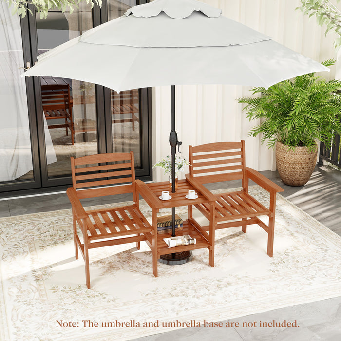 Outdoor Patio Wood 2-Seat Conversation Set with Coffee Table and Umbrella Hole