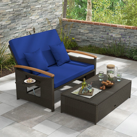 Outdoor Wicker Daybed with Folding Panels and Storage Ottoman-Navy