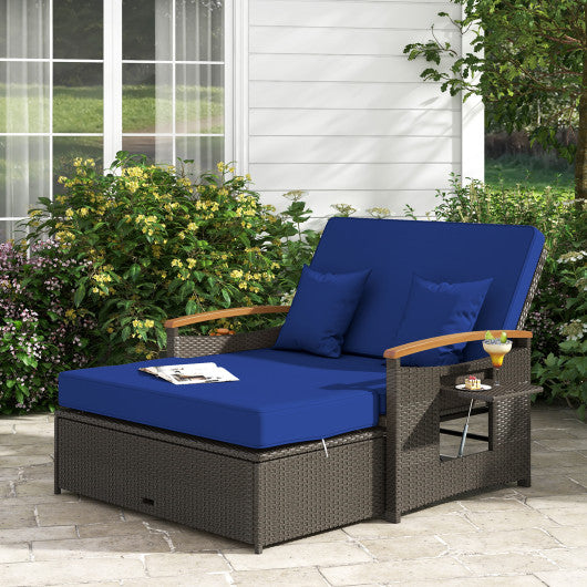 Outdoor Wicker Daybed with Folding Panels and Storage Ottoman-Navy