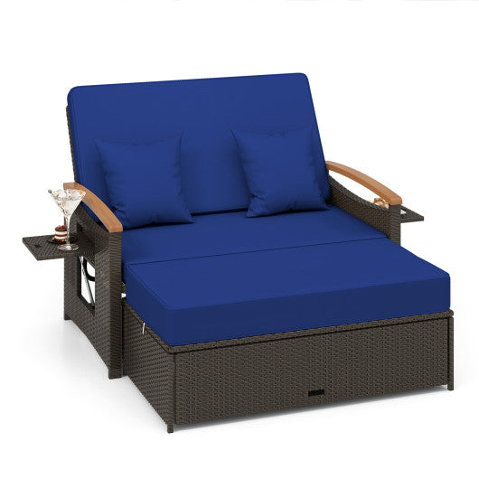 Outdoor Wicker Daybed with Folding Panels and Storage Ottoman-Navy