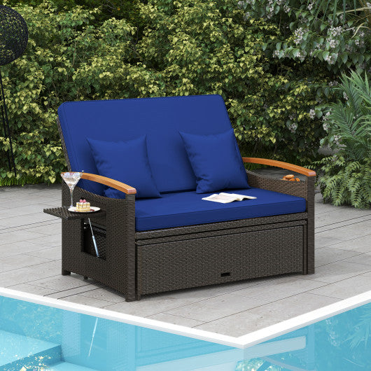 Outdoor Wicker Daybed with Folding Panels and Storage Ottoman-Navy