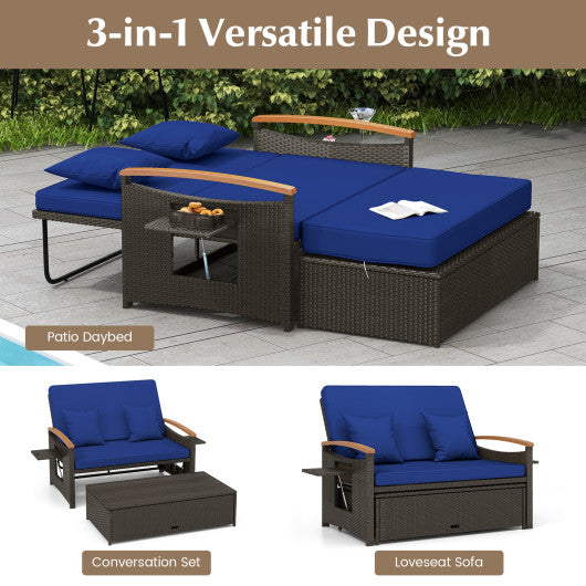 Outdoor Wicker Daybed with Folding Panels and Storage Ottoman-Navy