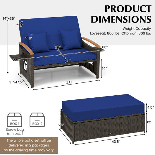 Outdoor Wicker Daybed with Folding Panels and Storage Ottoman-Navy