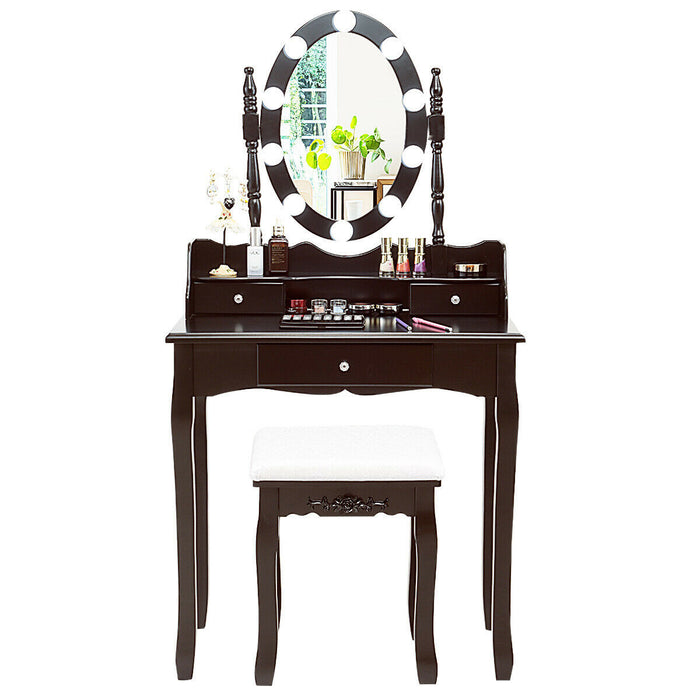 Oval Mirror Vanity Set  with 10 LED Dimmable Bulbs and 3 Drawers-Brown