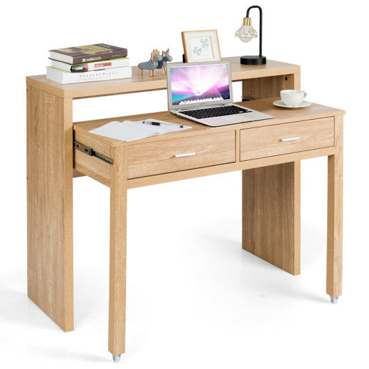 Extendable Computer Desk with Pull Out Secondary Desk-Natural