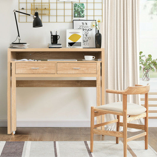 Extendable Computer Desk with Pull Out Secondary Desk-Natural