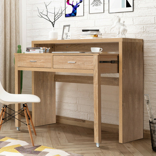 Extendable Computer Desk with Pull Out Secondary Desk-Natural