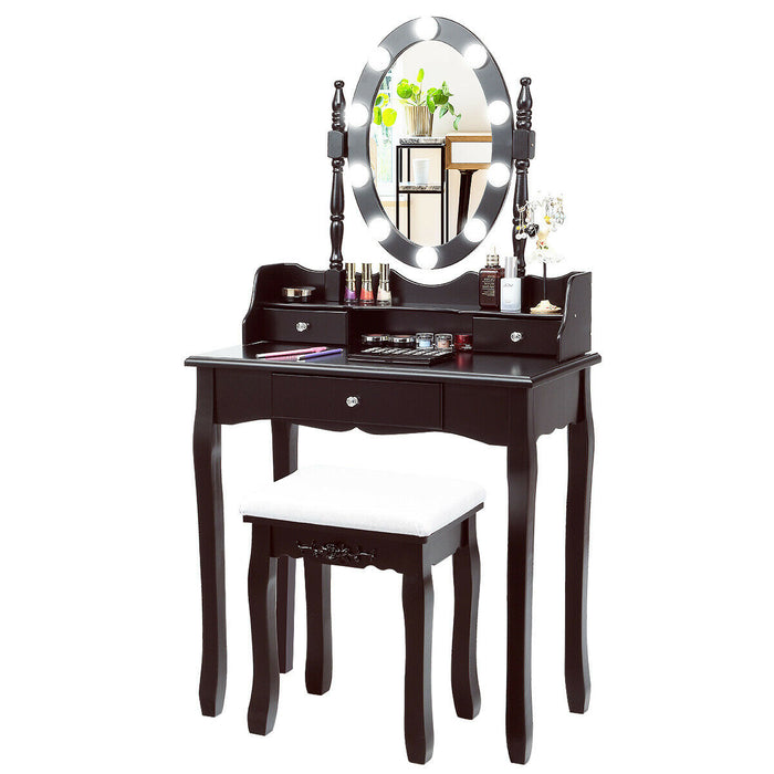 Oval Mirror Vanity Set  with 10 LED Dimmable Bulbs and 3 Drawers-Brown