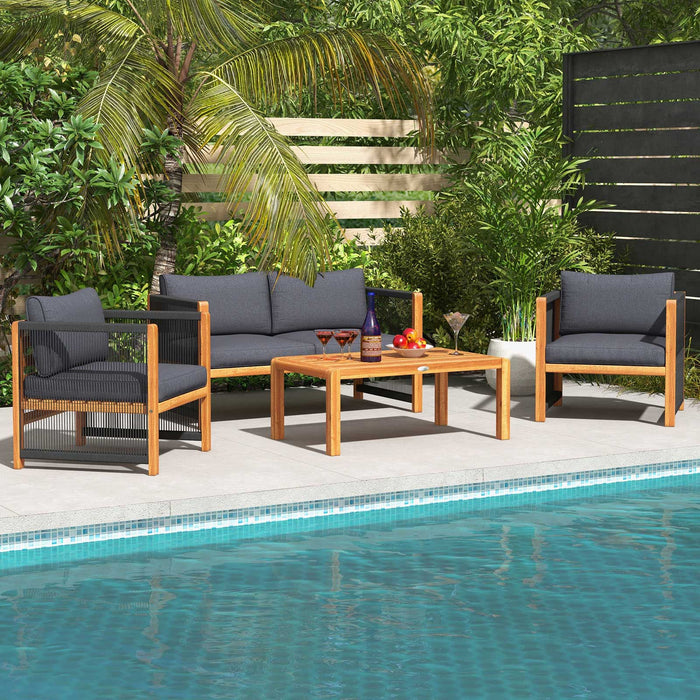 4 Pieces Acacia Wood Outdoor Patio Furniture Set with Cushions-Gray