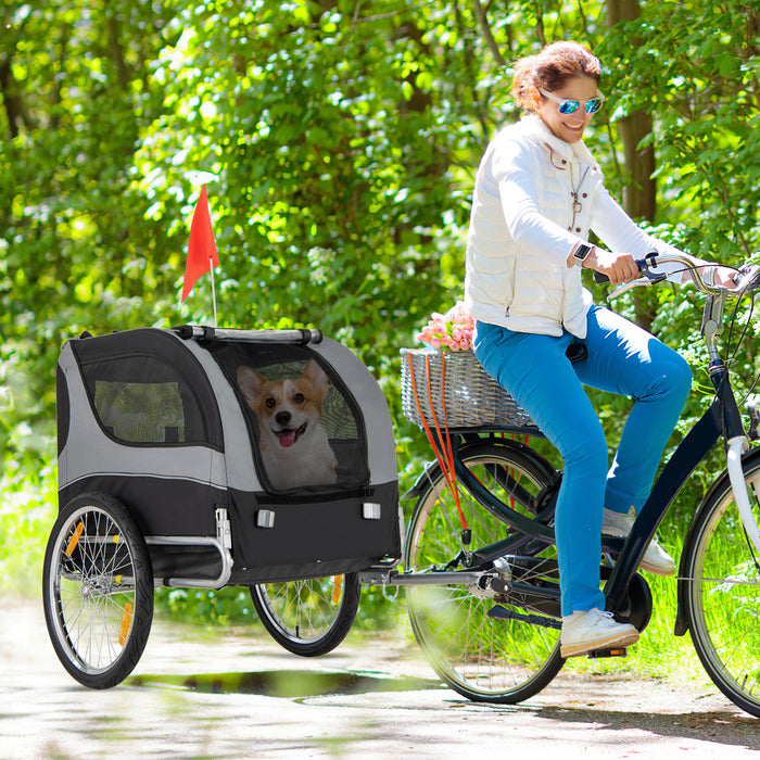 Dog Bike Trailer Foldable Pet Cart with 3 Entrances for Travel-Gray