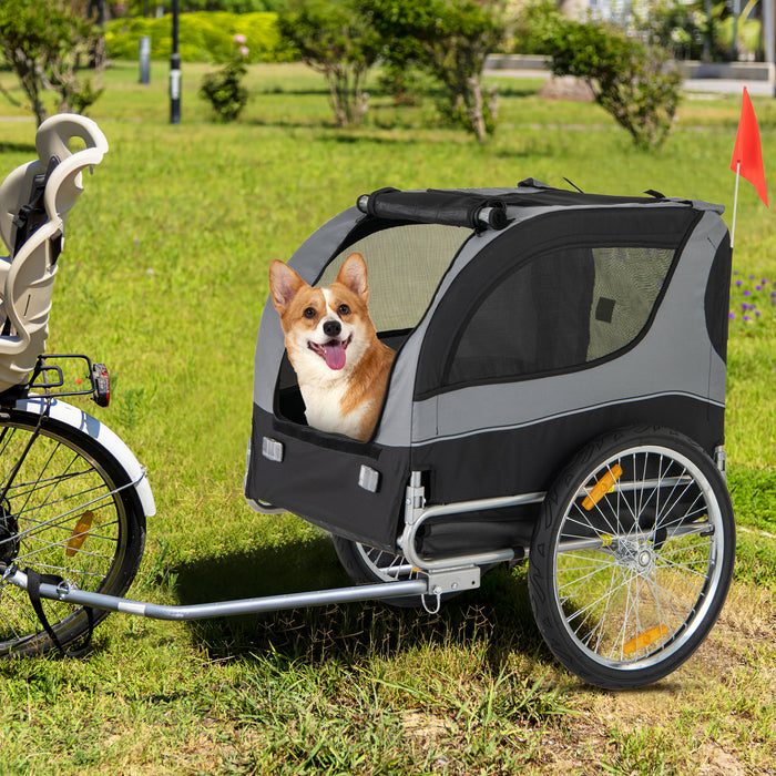 Dog Bike Trailer Foldable Pet Cart with 3 Entrances for Travel-Gray