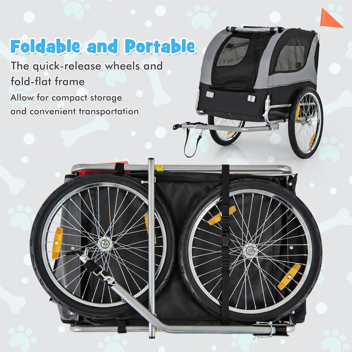 Dog Bike Trailer Foldable Pet Cart with 3 Entrances for Travel-Gray