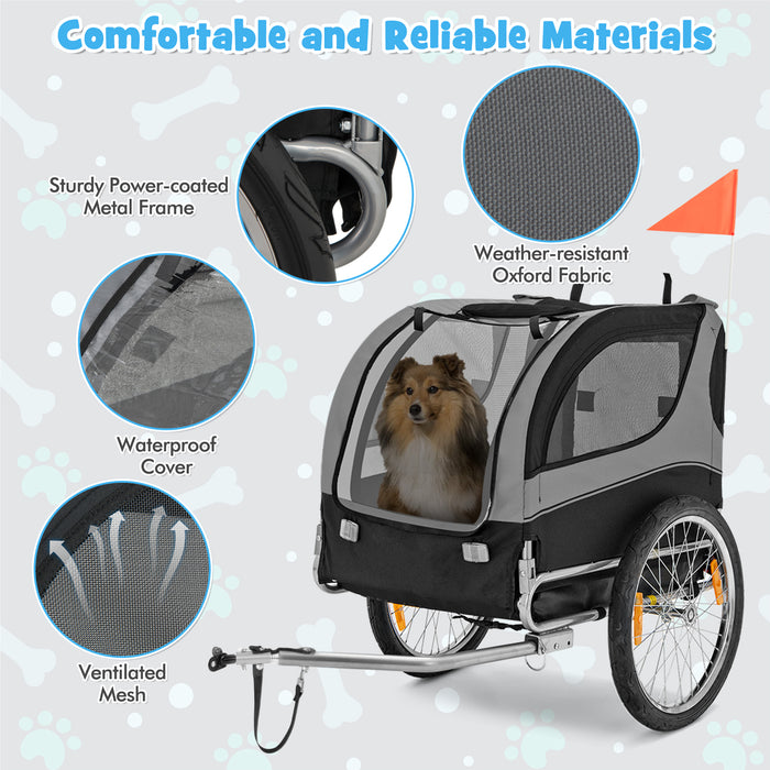 Dog Bike Trailer Foldable Pet Cart with 3 Entrances for Travel-Gray