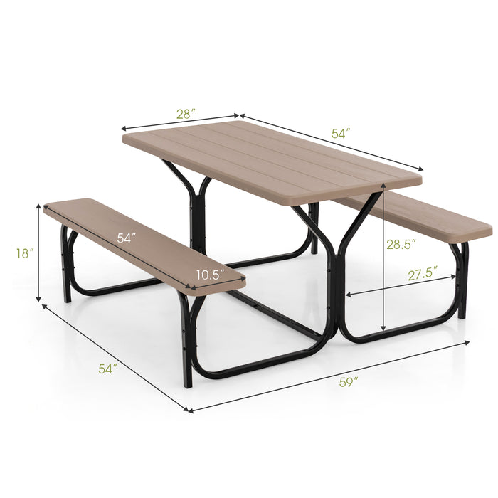 HDPE Outdoor Picnic Table Bench Set with Metal Base-Coffee