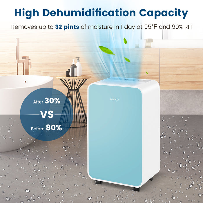 32 Pints/Day Portable Quiet Dehumidifier for Rooms up to 2500 Sq. Ft-Blue