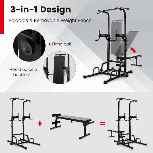 Power Tower Pull Up Bar Stand with Adjustable Heights and Bench