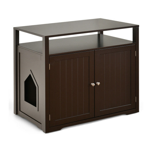 Wooden Cat Litter Box Enclosure Hidden Cat Washroom with Storage Layer-Brown