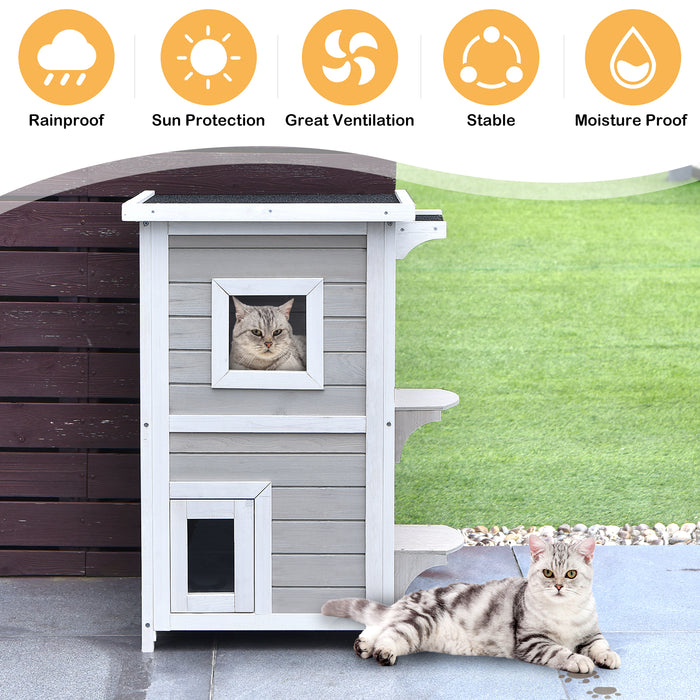 2-Story Wooden Cat House with Escape Door Rainproof