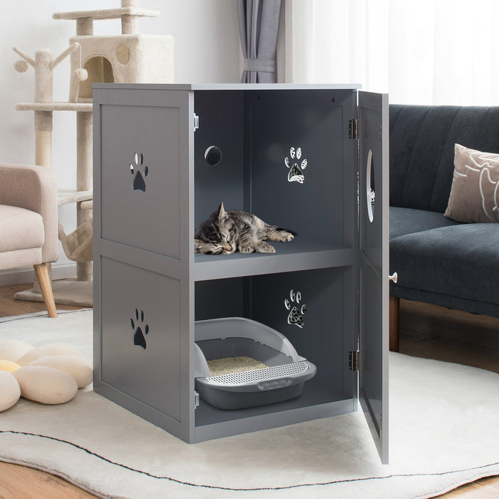 2-tier Litter Hidden Cat House With Anti-toppling Device-Gray