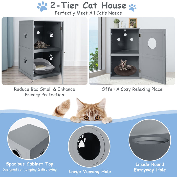 2-tier Litter Hidden Cat House With Anti-toppling Device-Gray