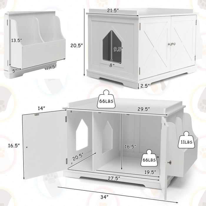 Large Wooden Cat Litter Box Enclosure with the Storage Rack-White