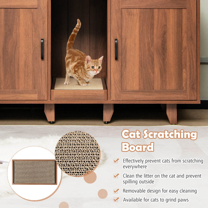 2-Door Cat Litter Box Enclosure with Winding Entry and Scratching Board-Brown